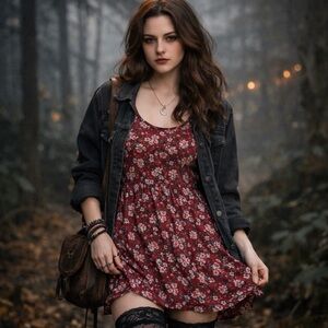 Full Tilt Burgundy Floral Mini Dress XS Soft Grunge Cottagecore Dark Feminine